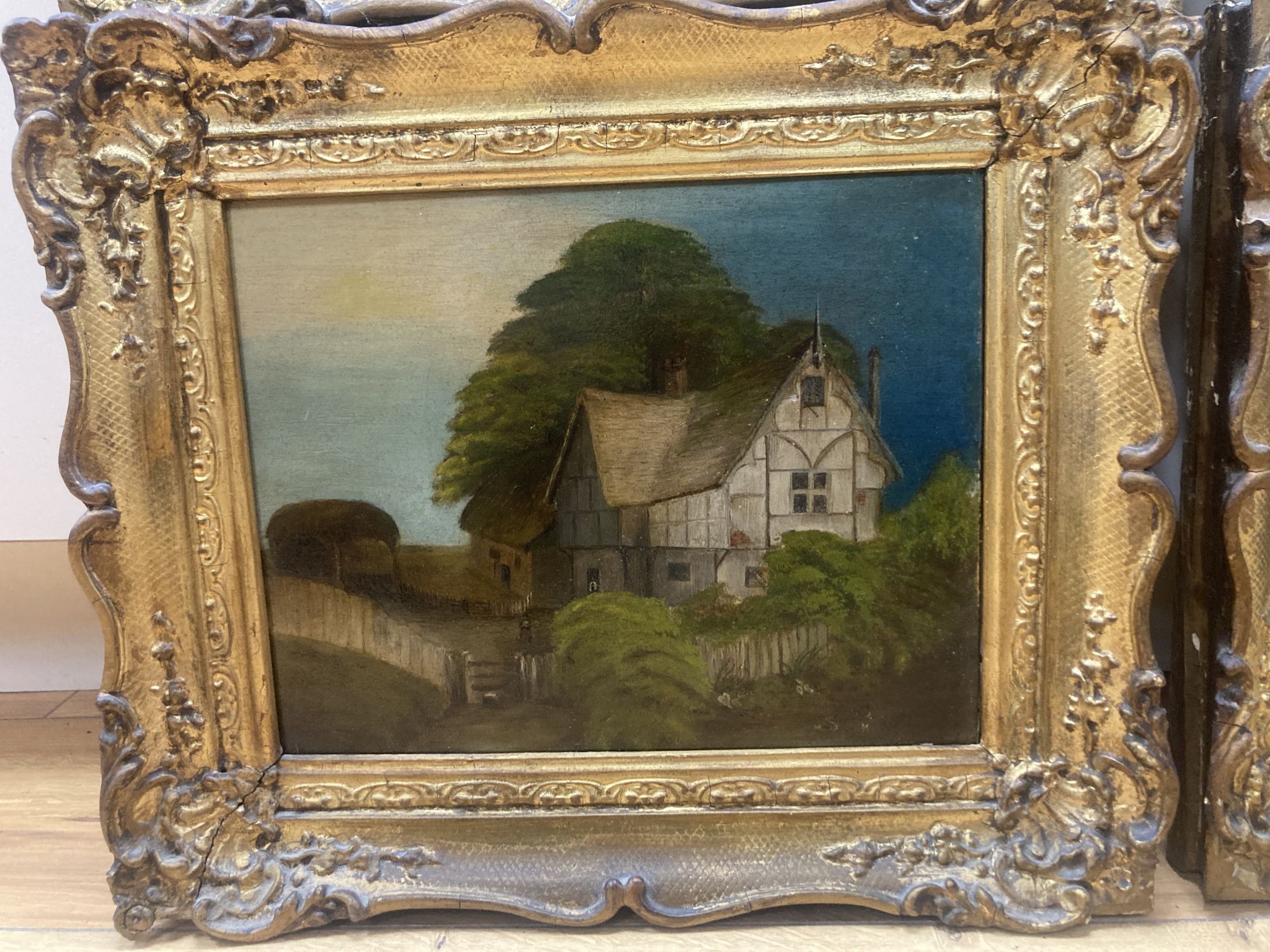 19th century Welsh School, set of 4 oils on panel, Primitive landscapes with figures beside a church, tavern and timber beamed houses,